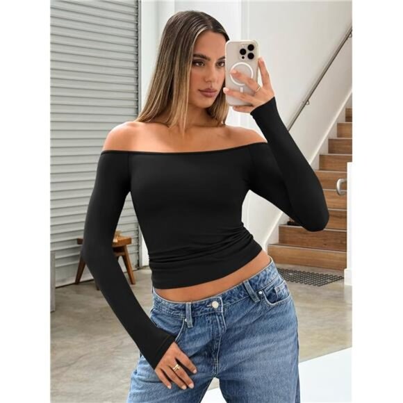 Women’s Off Shoulder Long Sleeve Top | Slim Fit Y2K Basic Shirt - Picture 1 of 5